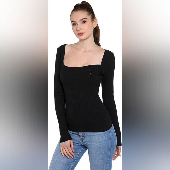 AmélieBoutik Women Square Neck Tie Back Long Sleeve Ribbed Sweater L Cream - Picture 3 of 9